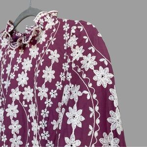 SEZANE Purple & White Floral Embroidered High
Ruffle Neck Top Eglantine Blouse